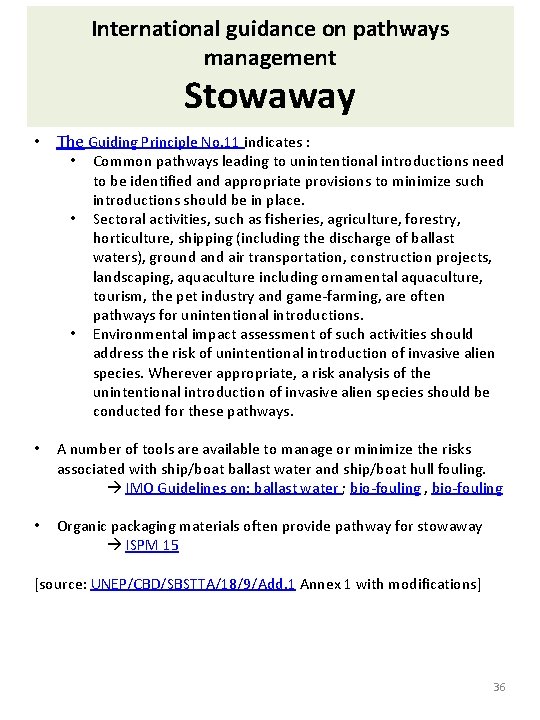 International guidance on pathways management Stowaway • The Guiding Principle No. 11 indicates :