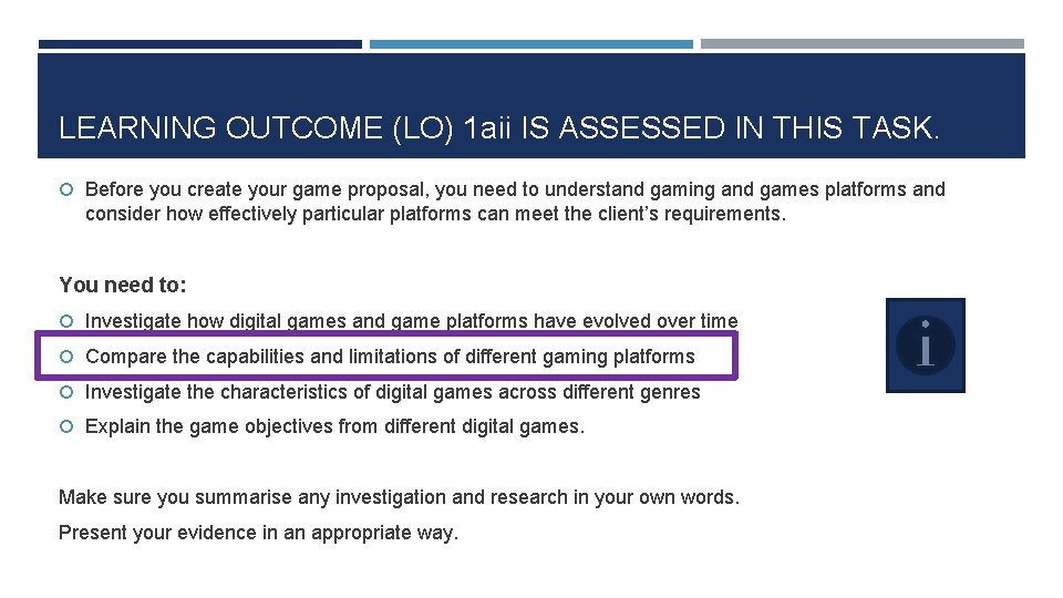 LEARNING OUTCOME (LO) 1 aii IS ASSESSED IN THIS TASK. Before you create your