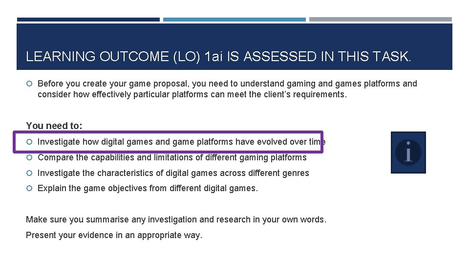 LEARNING OUTCOME (LO) 1 ai IS ASSESSED IN THIS TASK. Before you create your