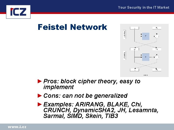 Your Security in the IT Market Feistel Network ► Pros: block cipher theory, easy