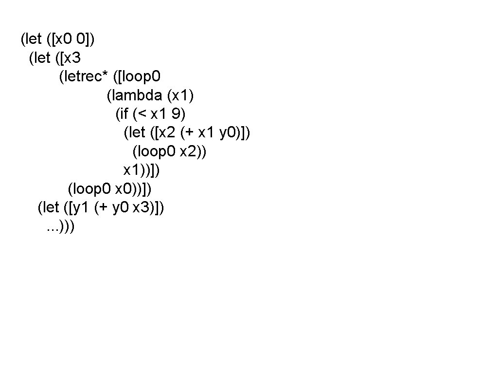 (let ([x 0 0]) (let ([x 3 (letrec* ([loop 0 (lambda (x 1) (if
