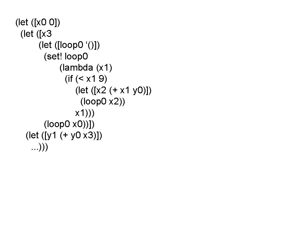 (let ([x 0 0]) (let ([x 3 (let ([loop 0 ‘()]) (set! loop 0