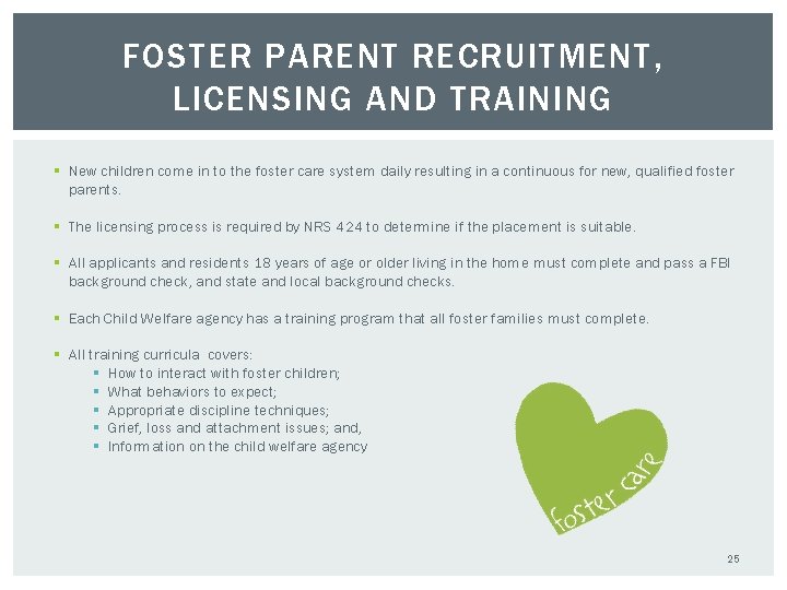 FOSTER PARENT RECRUITMENT, LICENSING AND TRAINING § New children come in to the foster