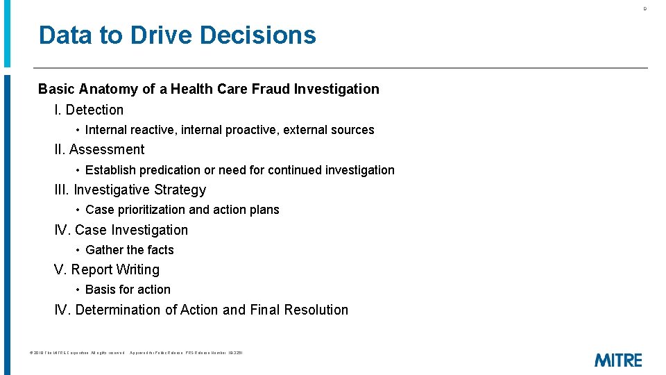 9 Data to Drive Decisions Basic Anatomy of a Health Care Fraud Investigation I. 9 Data to Drive Decisions Basic Anatomy of a Health Care Fraud Investigation I.