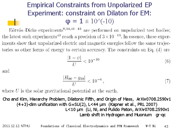 Empirical Constraints from Unpolarized EP Experiment: constraint on Dilaton for EM: φ = 1