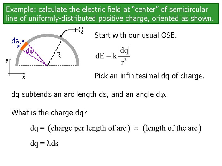 Example: calculate the electric field at “center” of semicircular line of uniformly-distributed positive charge, Example: calculate the electric field at “center” of semicircular line of uniformly-distributed positive charge,