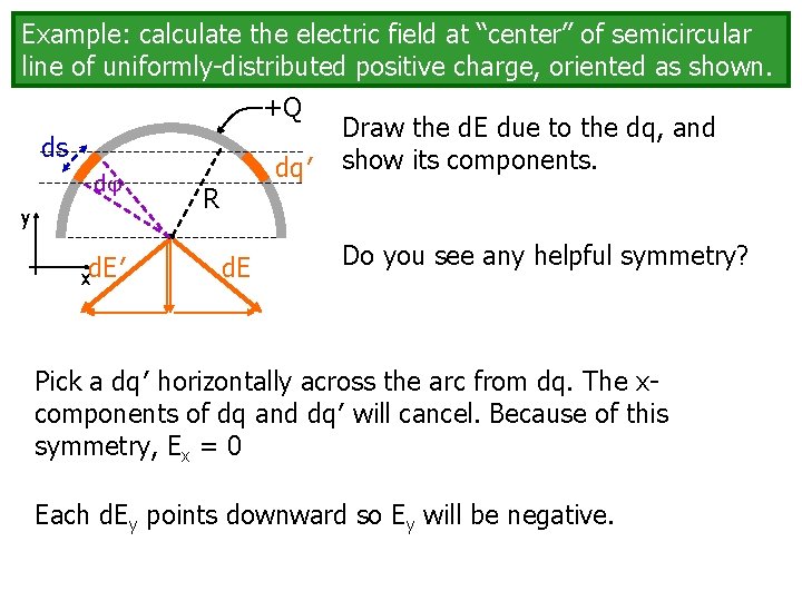 Example: calculate the electric field at “center” of semicircular line of uniformly-distributed positive charge, Example: calculate the electric field at “center” of semicircular line of uniformly-distributed positive charge,