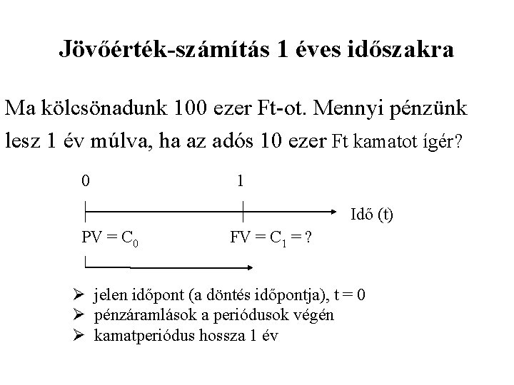 Jövőérték-számítás 1 éves időszakra Ma kölcsönadunk 100 ezer Ft-ot. Mennyi pénzünk lesz 1 év