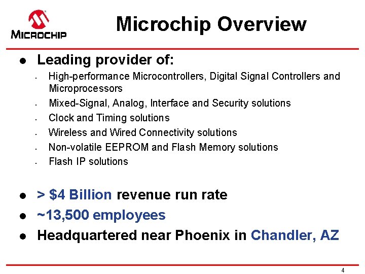 Microchip Overview Leading provider of: l • • • l l l High-performance Microcontrollers,