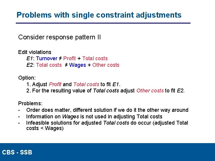 Problems with single constraint adjustments Consider response pattern II Edit violations E 1: Turnover