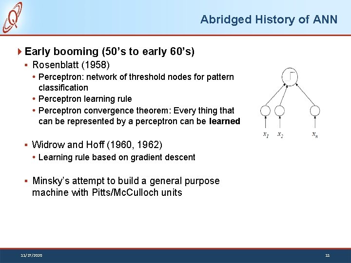 Abridged History of ANN Early booming (50’s to early 60’s) § Rosenblatt (1958) Perceptron: