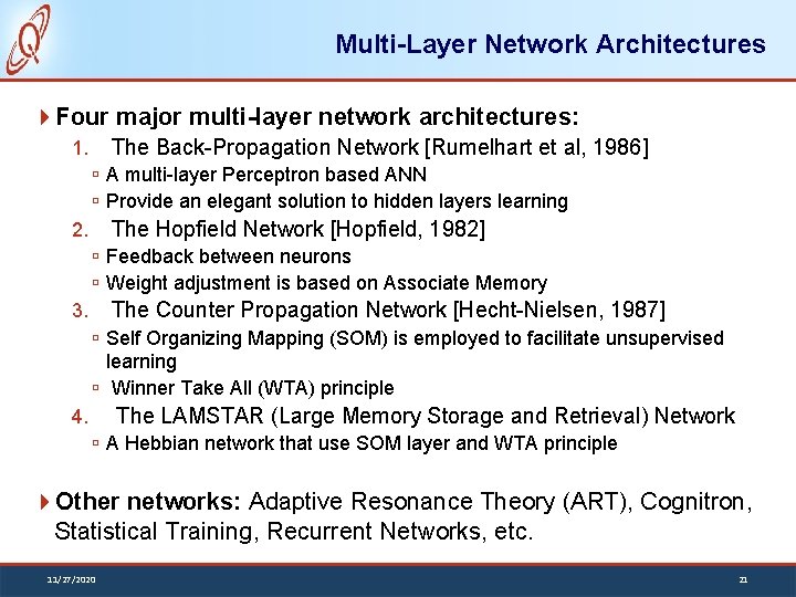 Multi-Layer Network Architectures Four major multi-layer network architectures: The Back-Propagation Network [Rumelhart et al,