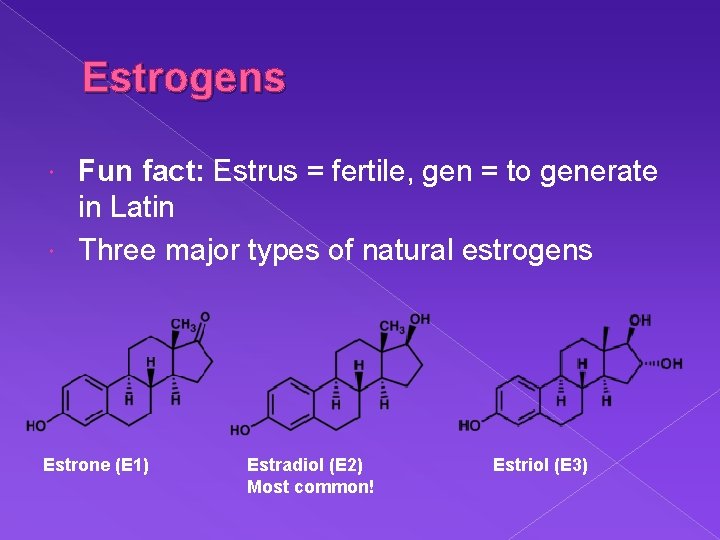 Estrogens Fun fact: Estrus = fertile, gen = to generate in Latin Three major