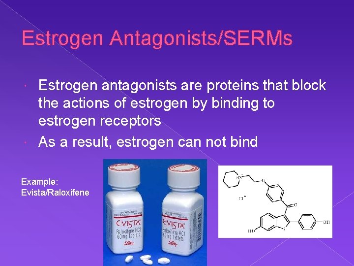 Estrogen Antagonists/SERMs Estrogen antagonists are proteins that block the actions of estrogen by binding