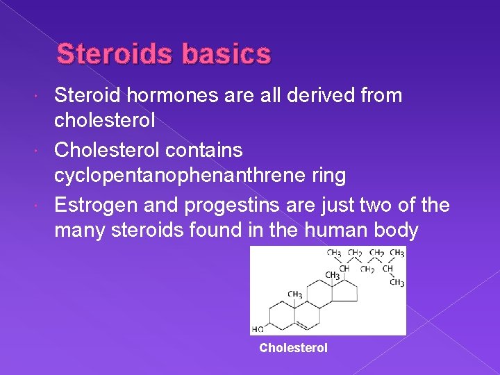 Steroids basics Steroid hormones are all derived from cholesterol Cholesterol contains cyclopentanophenanthrene ring Estrogen