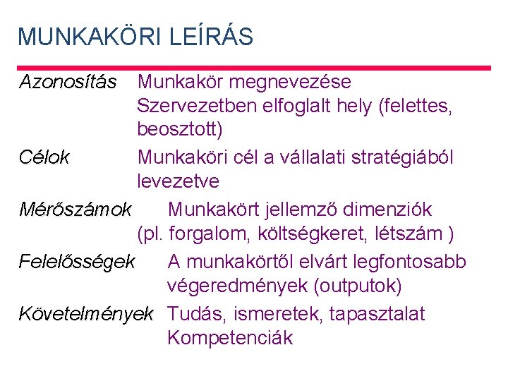 MUNKAKÖRI LEÍRÁS Azonosítás Munkakör megnevezése Szervezetben elfoglalt hely (felettes, beosztott) Célok Munkaköri cél a