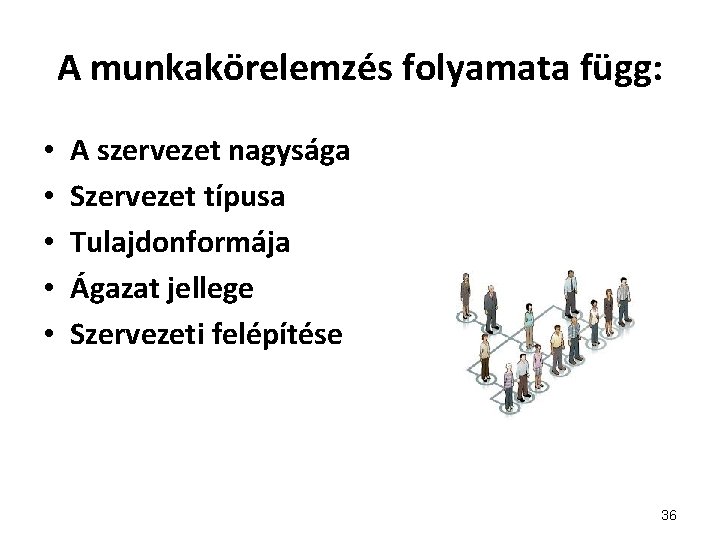 A munkakörelemzés folyamata függ: • • • A szervezet nagysága Szervezet típusa Tulajdonformája Ágazat