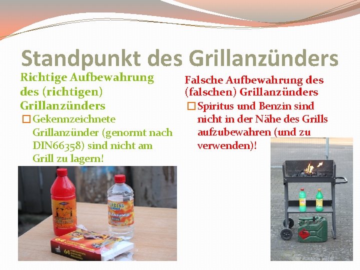 Standpunkt des Grillanzünders Richtige Aufbewahrung des (richtigen) Grillanzünders �Gekennzeichnete Grillanzünder (genormt nach DIN 66358)