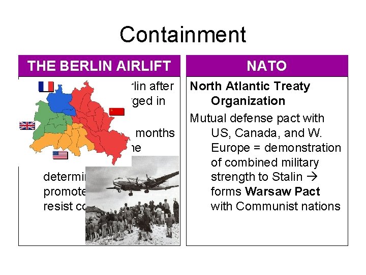 Containment THE BERLIN AIRLIFT NATO Stalin blockaded Berlin after allied zones merged in Germany Containment THE BERLIN AIRLIFT NATO Stalin blockaded Berlin after allied zones merged in Germany