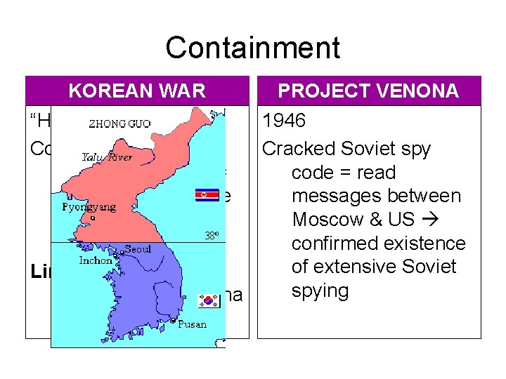 Containment KOREAN WAR PROJECT VENONA “Hot Spot” 1946 Communist N. Korea Cracked Soviet spy Containment KOREAN WAR PROJECT VENONA “Hot Spot” 1946 Communist N. Korea Cracked Soviet spy
