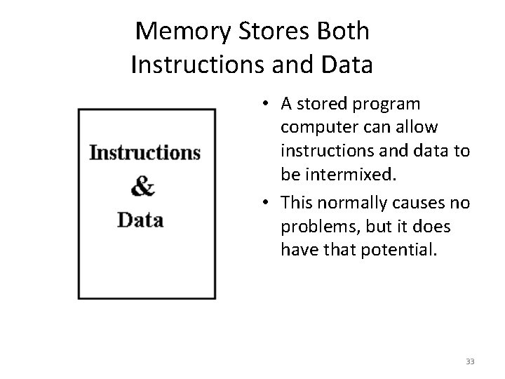 Memory Stores Both Instructions and Data • A stored program computer can allow instructions