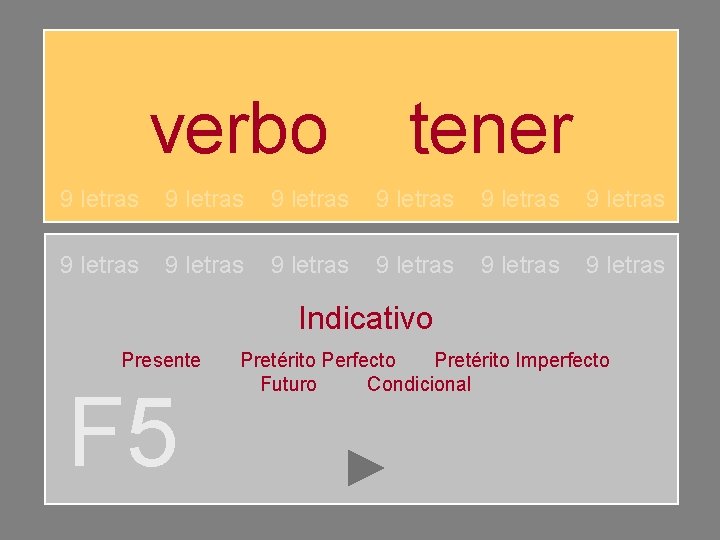 verbo tener 9 letras 9 letras 9 letras Indicativo Presente F 5 Pretérito Perfecto