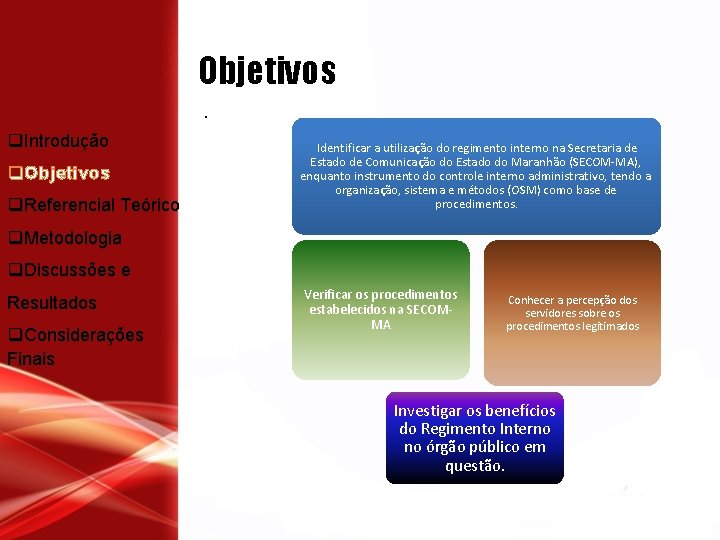 Objetivos. q. Introdução q. Objetivos q. Referencial Teórico Identificar a utilização do regimento interno