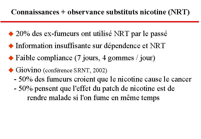 Connaissances + observance substituts nicotine (NRT) u 20% des ex-fumeurs ont utilisé NRT par