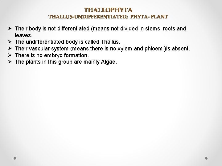 Ø Their body is not differentiated (means not divided in stems, roots and leaves.