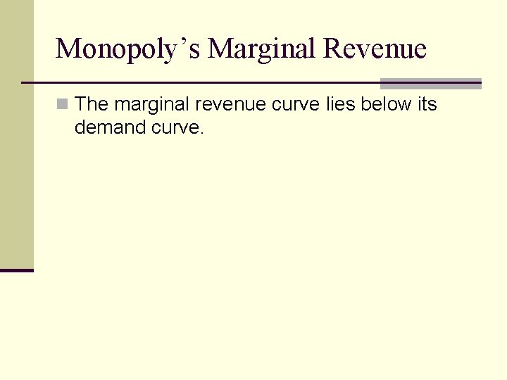 Monopoly’s Marginal Revenue n The marginal revenue curve lies below its demand curve. 