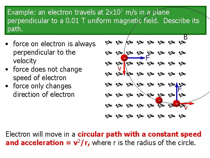 Example: an electron travels at 2 x 107 m/s in a plane perpendicular to