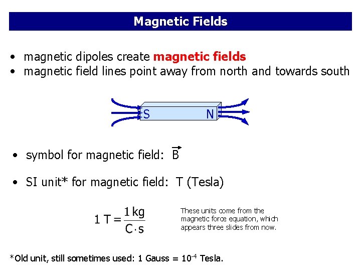 Magnetic Fields • magnetic dipoles create magnetic fields • magnetic field lines point away