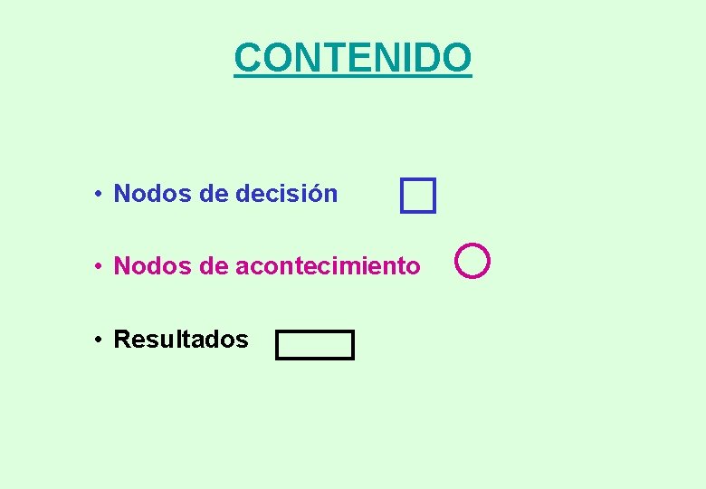 CONTENIDO • Nodos de decisión • Nodos de acontecimiento • Resultados CONTENIDO • Nodos de decisión • Nodos de acontecimiento • Resultados