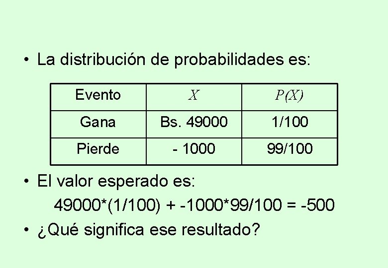 • La distribución de probabilidades es: Evento X P(X) Gana Bs. 49000 1/100 • La distribución de probabilidades es: Evento X P(X) Gana Bs. 49000 1/100