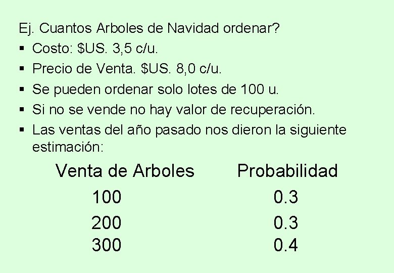 Ej. Cuantos Arboles de Navidad ordenar? § Costo: $US. 3, 5 c/u. § Precio Ej. Cuantos Arboles de Navidad ordenar? § Costo: $US. 3, 5 c/u. § Precio