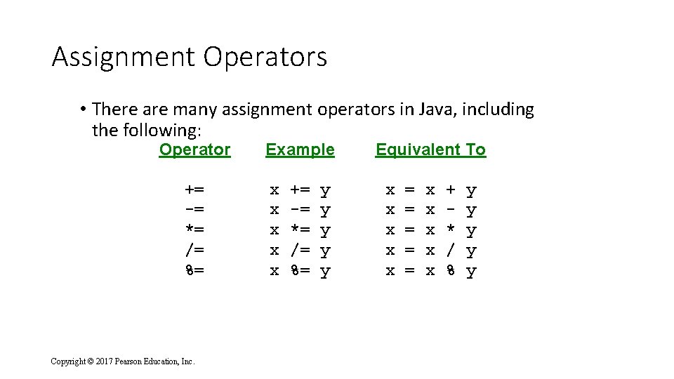 Assignment Operators • There are many assignment operators in Java, including the following: Operator