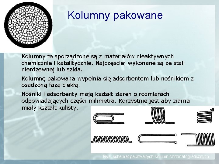 Kolumny pakowane Kolumny te sporządzone są z materiałów nieaktywnych chemicznie i katalitycznie. Najczęściej wykonane