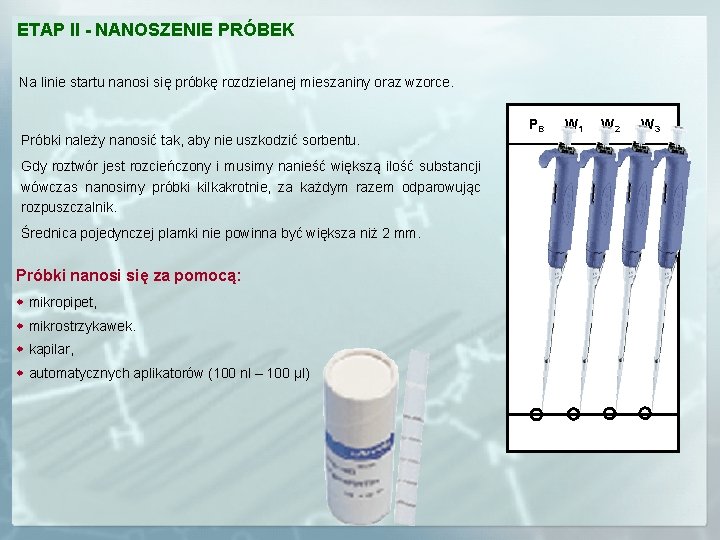 ETAP II - NANOSZENIE PRÓBEK Na linie startu nanosi się próbkę rozdzielanej mieszaniny oraz