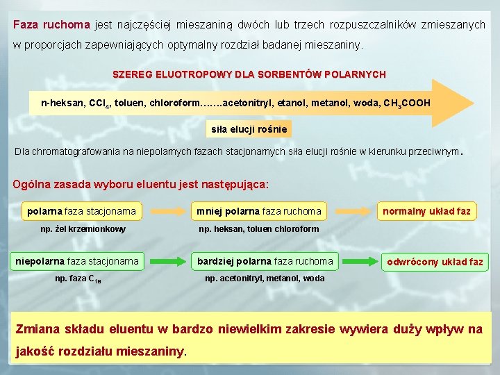 Faza ruchoma jest najczęściej mieszaniną dwóch lub trzech rozpuszczalników zmieszanych w proporcjach zapewniających optymalny