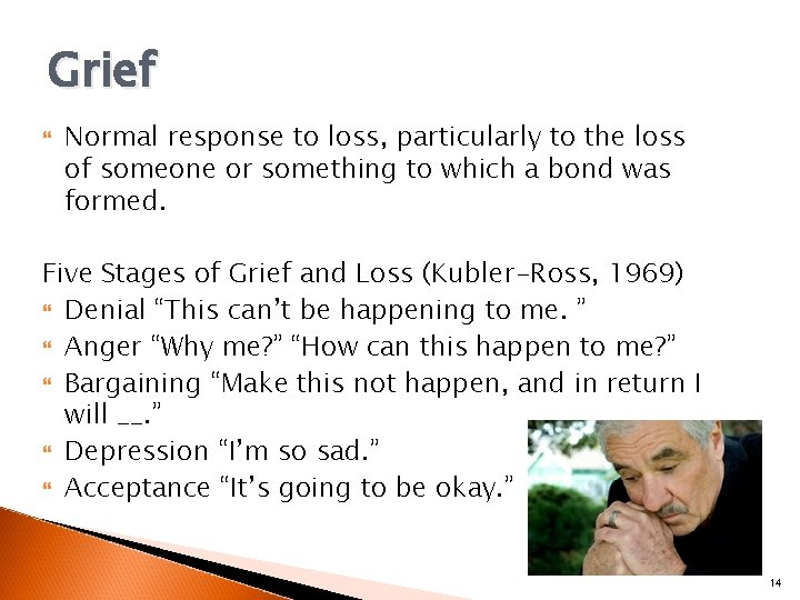Grief Normal response to loss, particularly to the loss of someone or something to