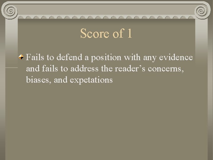 Score of 1 Fails to defend a position with any evidence and fails to