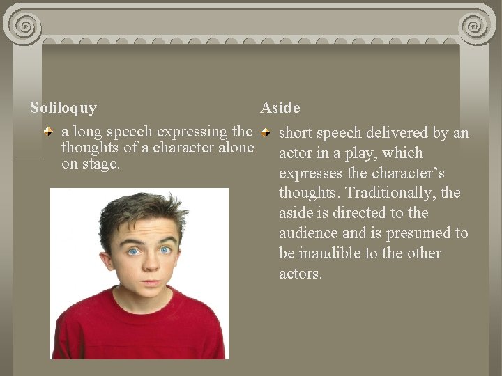 Soliloquy Aside a long speech expressing the short speech delivered by an thoughts of