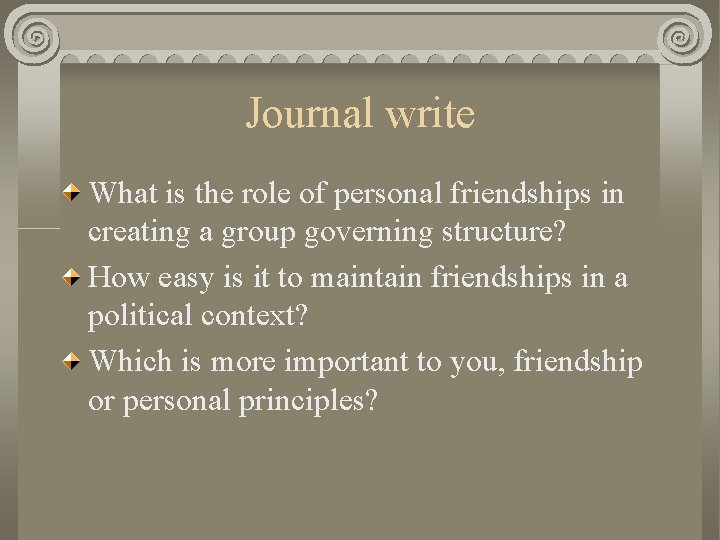 Journal write What is the role of personal friendships in creating a group governing