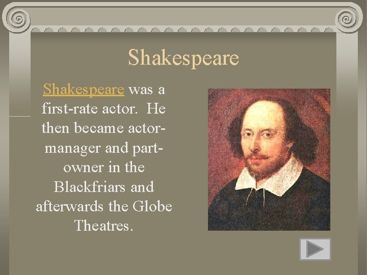 Shakespeare was a first-rate actor. He then became actormanager and partowner in the Blackfriars