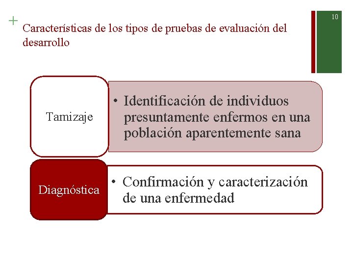 + Características de los tipos de pruebas de evaluación del desarrollo Tamizaje • Identificación