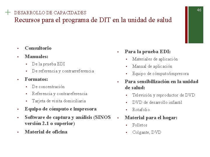 + 46 DESARROLLO DE CAPACIDADES Recursos para el programa de DIT en la unidad