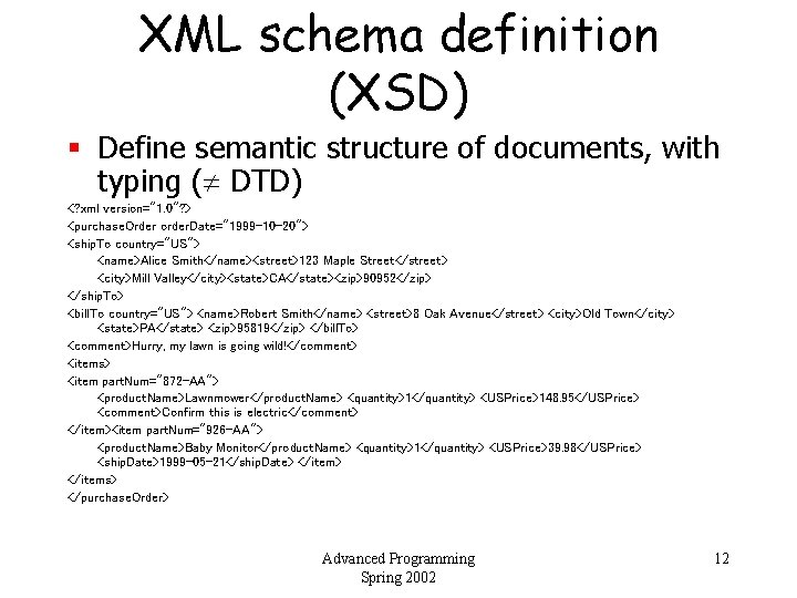 XML schema definition (XSD) § Define semantic structure of documents, with typing ( DTD)