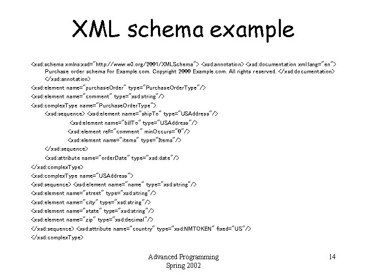 XML schema example <xsd: schema xmlns: xsd="http: //www. w 3. org/2001/XMLSchema"> <xsd: annotation> <xsd: