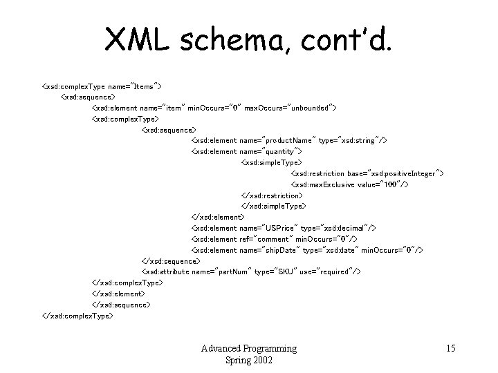 XML schema, cont’d. <xsd: complex. Type name="Items"> <xsd: sequence> <xsd: element name="item" min. Occurs="0"