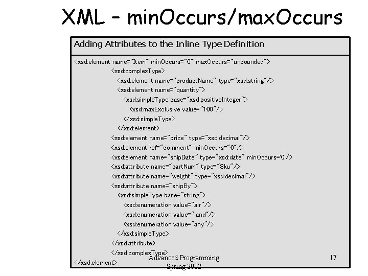 XML – min. Occurs/max. Occurs Adding Attributes to the Inline Type Definition <xsd: element